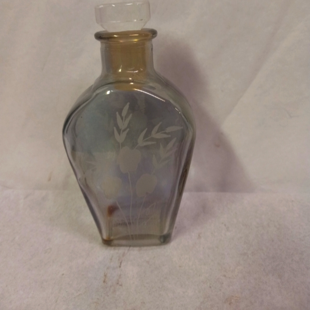 VINTAGE Studio Silversmith Glass Decanter Iridescent with Lid Frosty Flowers
